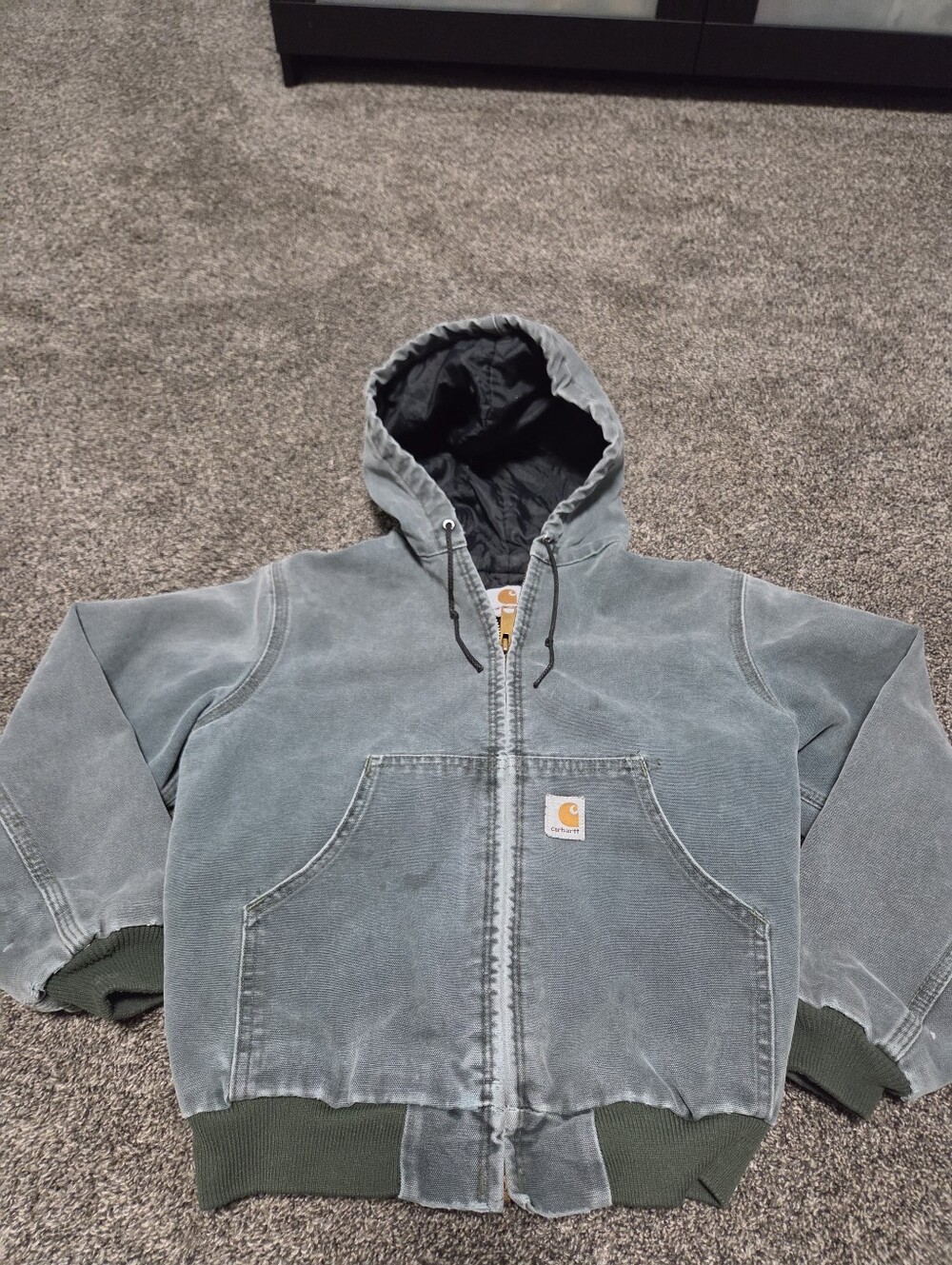 vtg 90's JQ643 Carhartt Kids Hooded cancas Jacket Aspen Hunter Green M 10-12